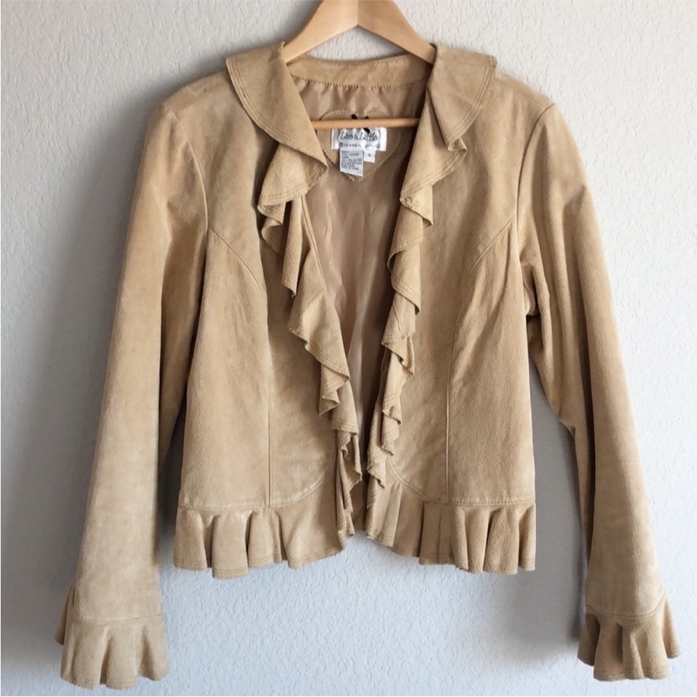 Ruffled Open Front Suede Jacket Tan